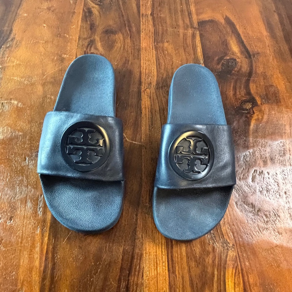 Tory Burch Miller Sport Slides Navy Blue Leather Logo Medallion Sandals Size 9